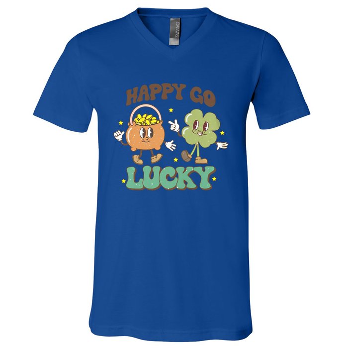 Retro Groovy Happy Go Lucky Clover Shamrock St Patrick's Day Meaningful Gift V-Neck T-Shirt