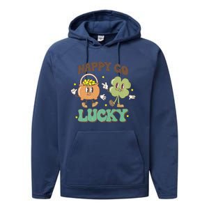 Retro Groovy Happy Go Lucky Clover Shamrock St Patrick's Day Meaningful Gift Performance Fleece Hoodie