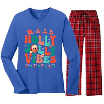 Retro Groovy Holly Xmas Jolly Vibes Christmas For Meaningful Gift Women's Long Sleeve Flannel Pajama Set 