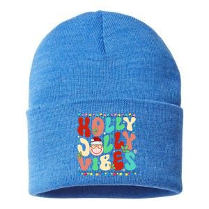 Retro Groovy Holly Xmas Jolly Vibes Christmas For Great Gift Sustainable Knit Beanie