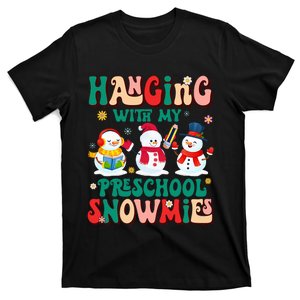 Retro Groovy Hanging With My Preschool Snowmies Xmas Teacher T-Shirt