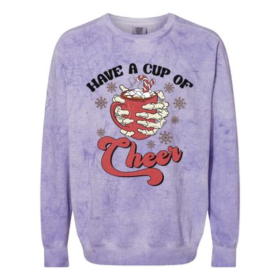 Retro Groovy Have A Cup Of Cheer Christmas Skeleton Coffee Great Gift Colorblast Crewneck Sweatshirt