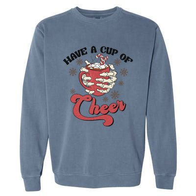 Retro Groovy Have A Cup Of Cheer Christmas Skeleton Coffee Great Gift Garment-Dyed Sweatshirt