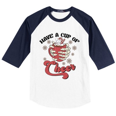 Retro Groovy Have A Cup Of Cheer Christmas Skeleton Coffee Great Gift Baseball Sleeve Shirt