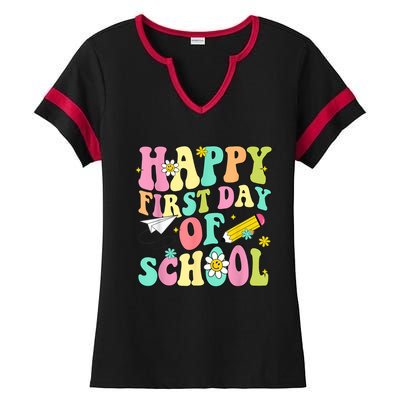 Retro Groovy Happy First Day Of School Teachers Students Kids Ladies Halftime Notch Neck Tee