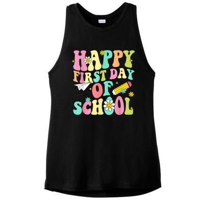 Retro Groovy Happy First Day Of School Teachers Students Kids Ladies PosiCharge Tri-Blend Wicking Tank