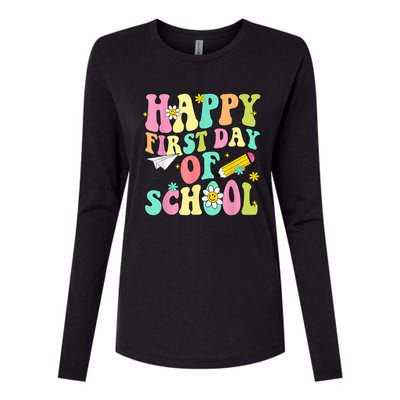 Retro Groovy Happy First Day Of School Teachers Students Kids Womens Cotton Relaxed Long Sleeve T-Shirt