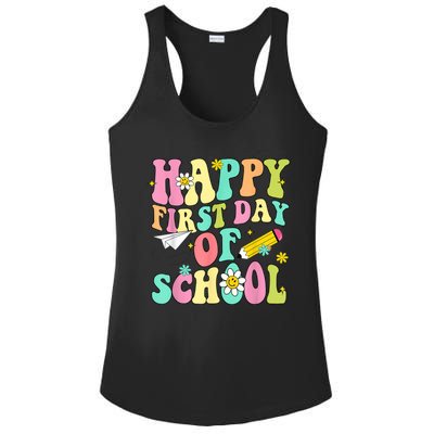 Retro Groovy Happy First Day Of School Teachers Students Kids Ladies PosiCharge Competitor Racerback Tank