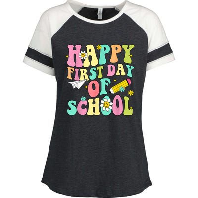 Retro Groovy Happy First Day Of School Teachers Students Kids Enza Ladies Jersey Colorblock Tee