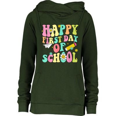 Retro Groovy Happy First Day Of School Teachers Students Kids Womens Funnel Neck Pullover Hood