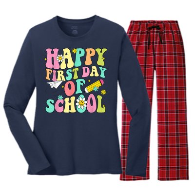 Retro Groovy Happy First Day Of School Teachers Students Kids Women's Long Sleeve Flannel Pajama Set 