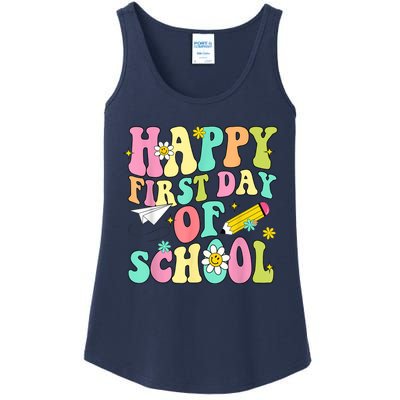 Retro Groovy Happy First Day Of School Teachers Students Kids Ladies Essential Tank