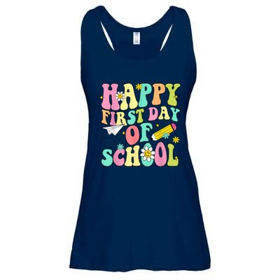 Retro Groovy Happy First Day Of School Teachers Students Kids Ladies Essential Flowy Tank