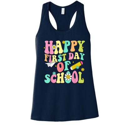 Retro Groovy Happy First Day Of School Teachers Students Kids Women's Racerback Tank