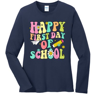 Retro Groovy Happy First Day Of School Teachers Students Kids Ladies Long Sleeve Shirt