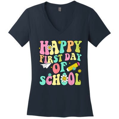 Retro Groovy Happy First Day Of School Teachers Students Kids Women's V-Neck T-Shirt