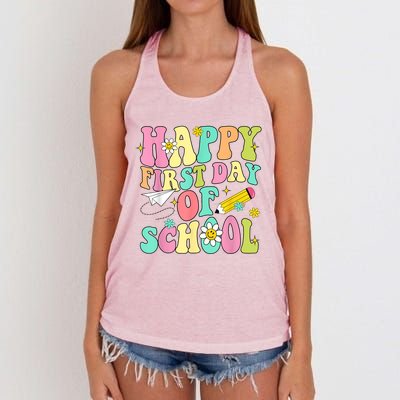 Retro Groovy Happy First Day Of School Teachers Students Kids Women's Knotted Racerback Tank