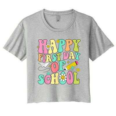 Retro Groovy Happy First Day Of School Teachers Students Kids Women's Crop Top Tee