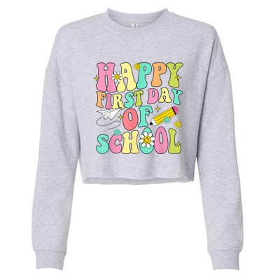 Retro Groovy Happy First Day Of School Teachers Students Kids Cropped Pullover Crew