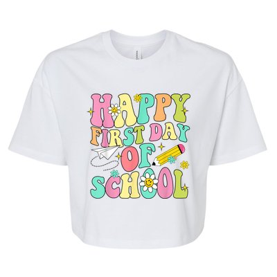 Retro Groovy Happy First Day Of School Teachers Students Kids Bella+Canvas Jersey Crop Tee