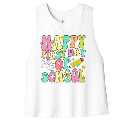 Retro Groovy Happy First Day Of School Teachers Students Kids Women's Racerback Cropped Tank