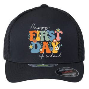 Retro Groovy Happy First Day Of School For Teacher & Student Flexfit Unipanel Trucker Cap