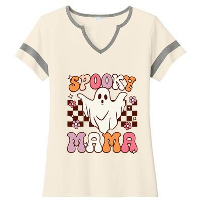 Retro Groovy Halloween Ghost Spooky Mama Costume Ladies Halftime Notch Neck Tee