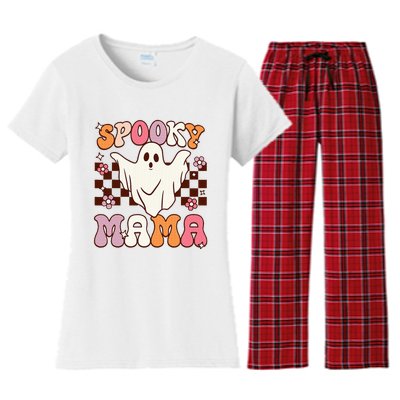 Retro Groovy Halloween Ghost Spooky Mama Costume Women's Flannel Pajama Set