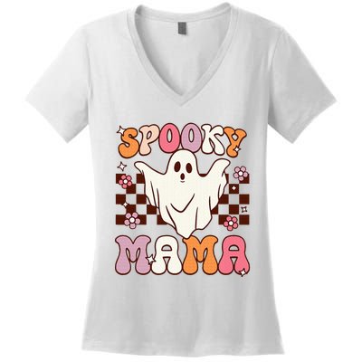 Retro Groovy Halloween Ghost Spooky Mama Costume Women's V-Neck T-Shirt