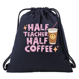 Retro Groovy Half Teacher Half Coffee Happy Teachers Day Gift Drawstring Bag