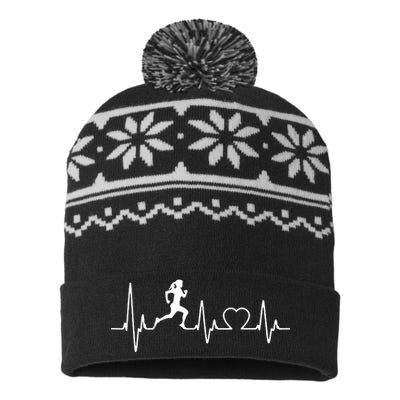 Running Girl Heartbeat 5k Marathon Female Athlete Runner USA-Made Snowflake Beanie