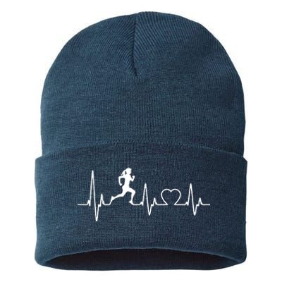 Running Girl Heartbeat 5k Marathon Female Athlete Runner Sustainable Knit Beanie