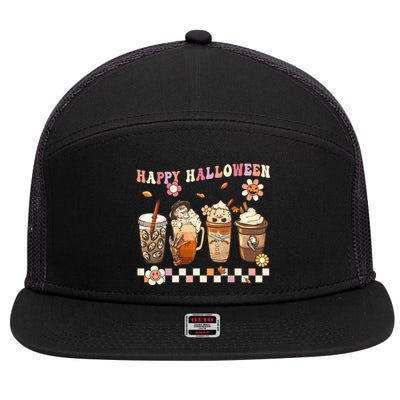 Retro Groovy Horror Fall Movie Coffee Hippie Halloween Witch Gift 7 Panel Mesh Trucker Snapback Hat