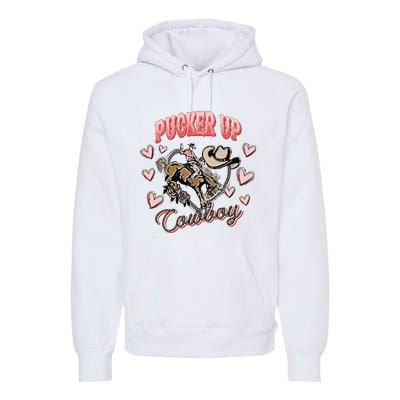 Retro Groovy Howdy Valentines Cowboy Hat Pucker Up! Premium Hoodie