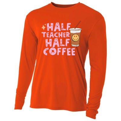 Retro Groovy Half Teacher Half Coffee Happy Teachers Day Cooling Performance Long Sleeve Crew