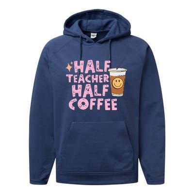 Retro Groovy Half Teacher Half Coffee Happy Teachers Day Performance Fleece Hoodie