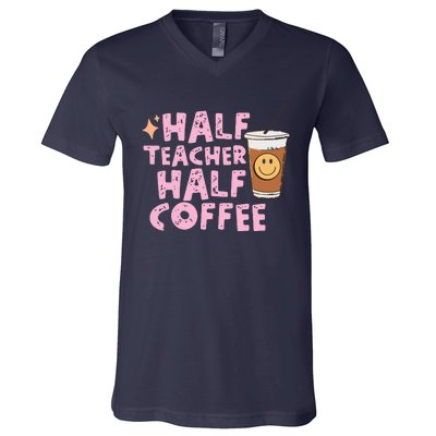 Retro Groovy Half Teacher Half Coffee Happy Teachers Day V-Neck T-Shirt