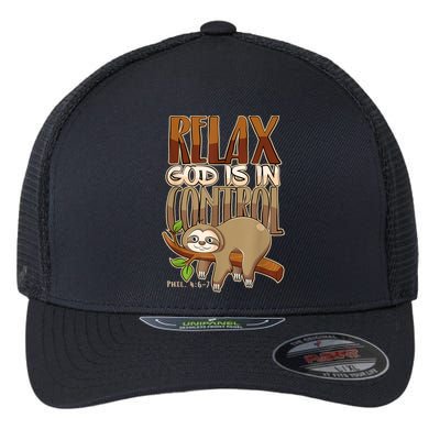 Relax God Is In Control Christian Bible Quote Sloth Flexfit Unipanel Trucker Cap