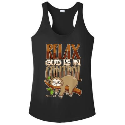 Relax God Is In Control Christian Bible Quote Sloth Ladies PosiCharge Competitor Racerback Tank