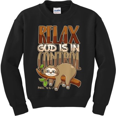 Relax God Is In Control Christian Bible Quote Sloth Kids Sweatshirt