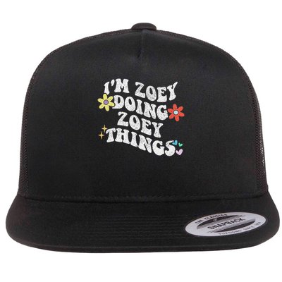 Retro Groovy Im Zoey Doing Zoey Things Funny Mother's Day Flat Bill Trucker Hat