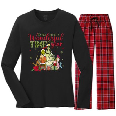 Retro Grinchmas Its The Most Wonderful Time Of The Year Women's Long Sleeve Flannel Pajama Set 