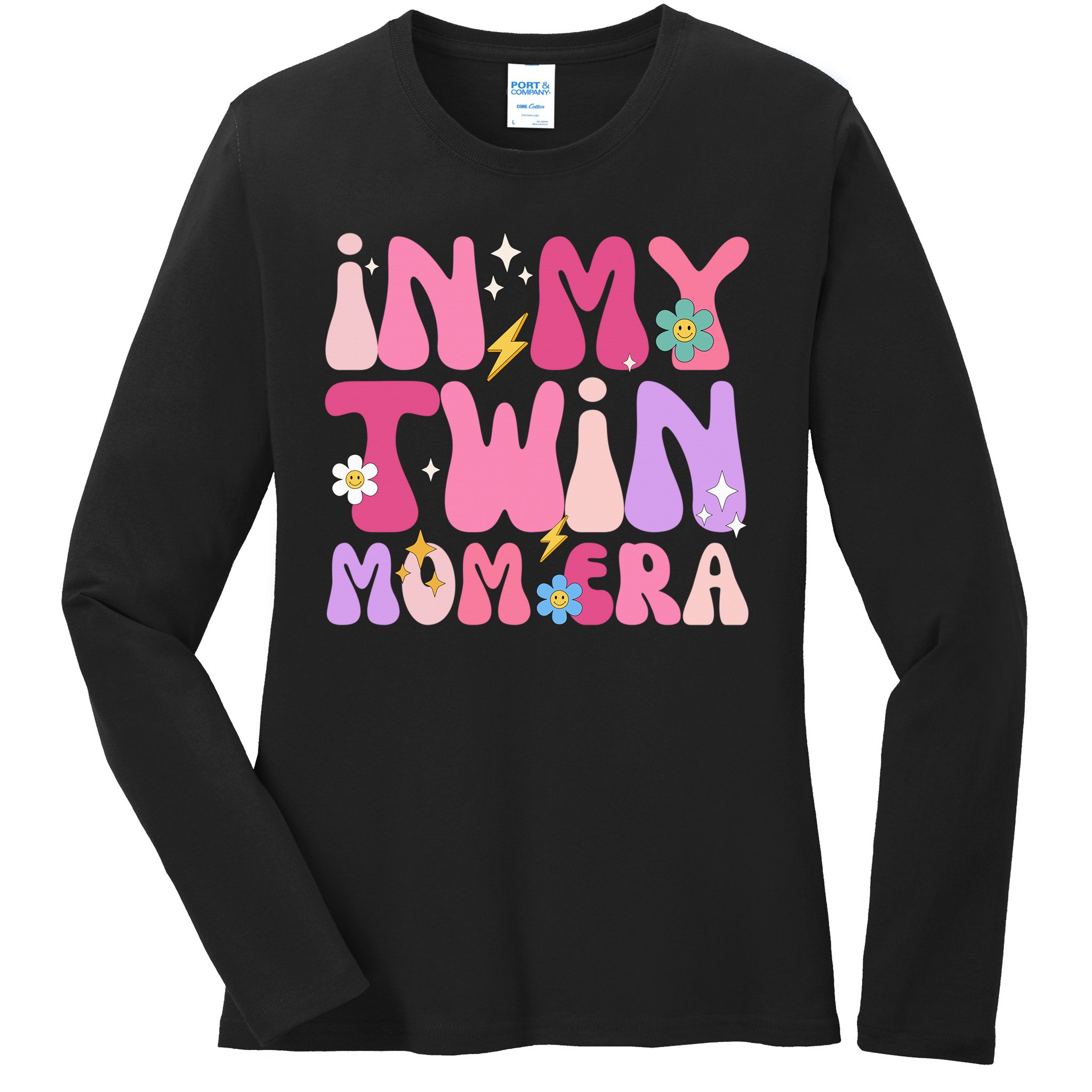 Retro Groovy In My Twin Mom Era Happy Mother's Day 2025 Ladies Long Sleeve Shirt