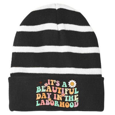 Retro Groovy It'S A Beautiful Day In The Laborhood Striped Beanie with Solid Band