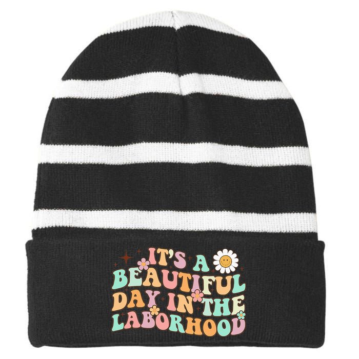 Retro Groovy It'S A Beautiful Day In The Laborhood Striped Beanie with Solid Band