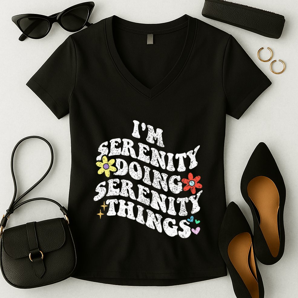 Retro Groovy Im Serenity Doing Serenity Things Funny Women's V-Neck T-Shirt