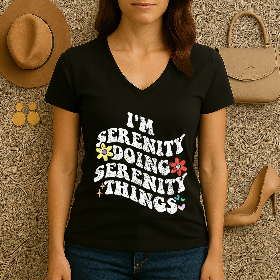 Retro Groovy Im Serenity Doing Serenity Things Funny Women's V-Neck T-Shirt