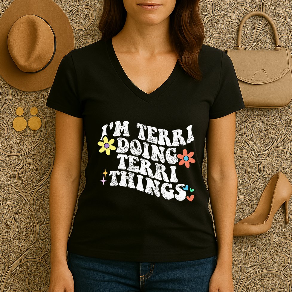 Retro Groovy Im Terri Doing Terri Things Funny MotherS Day Women's V-Neck T-Shirt