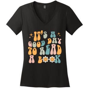 Retro Groovy Its A Good Day To Read A Book Women's V-Neck T-Shirt