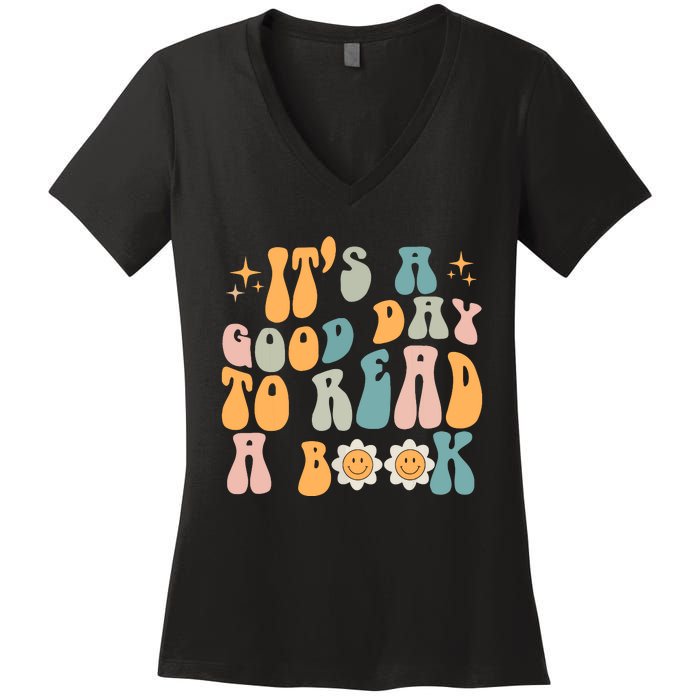 Retro Groovy Its A Good Day To Read A Book Women's V-Neck T-Shirt